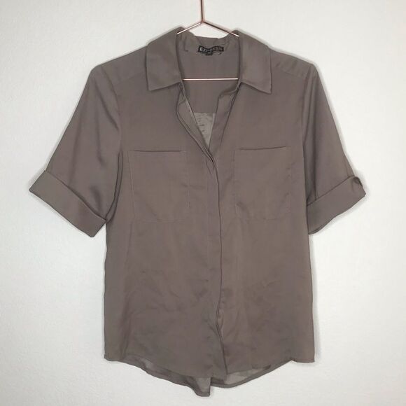 Express Tops - Express mocha brown cuffed sleeve button down